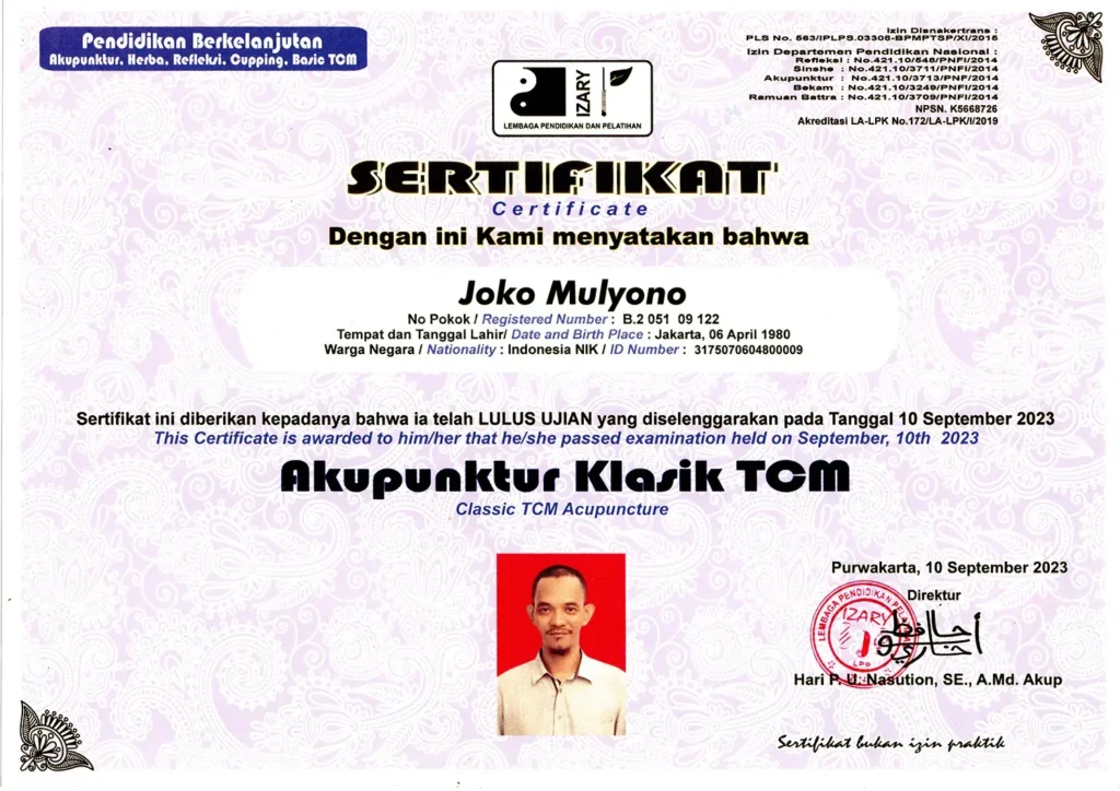 Sertifikat lulus ujian akupunktur